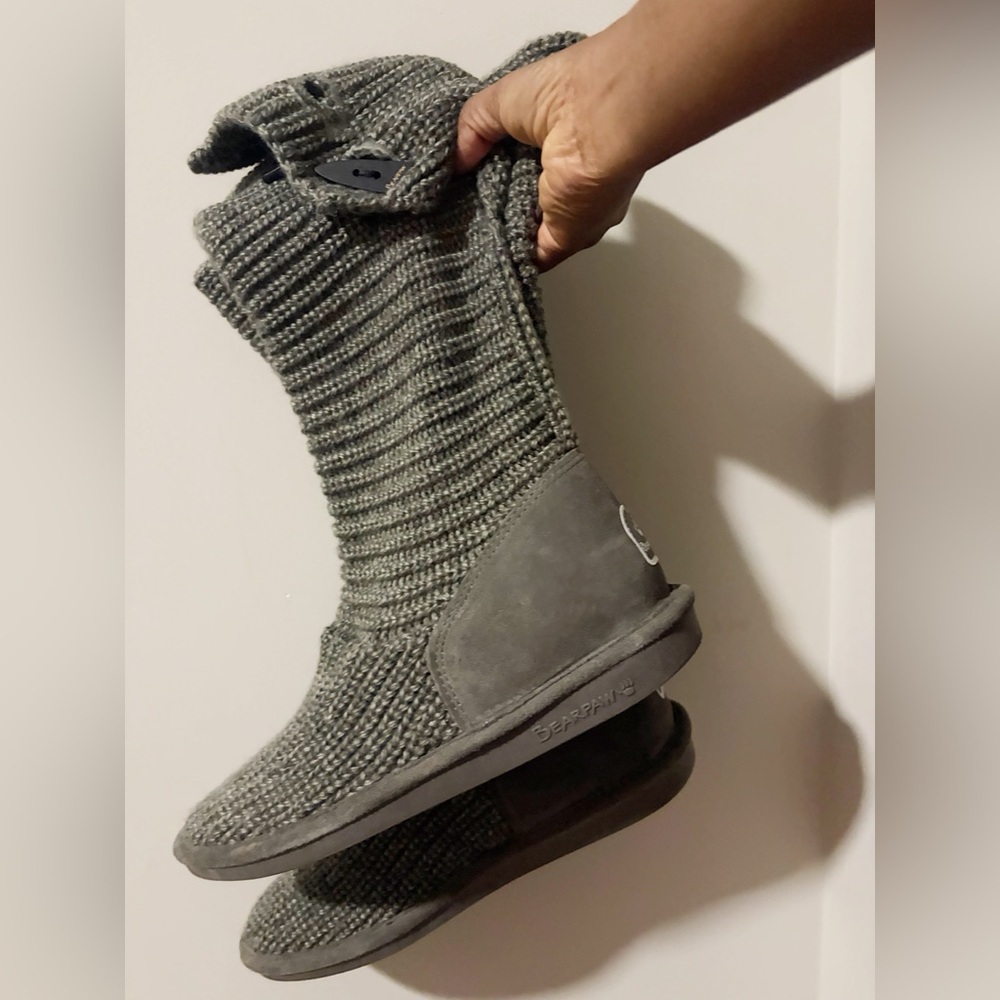 Bearpaw Gray Knit Buttoned Mid-Calf Boots